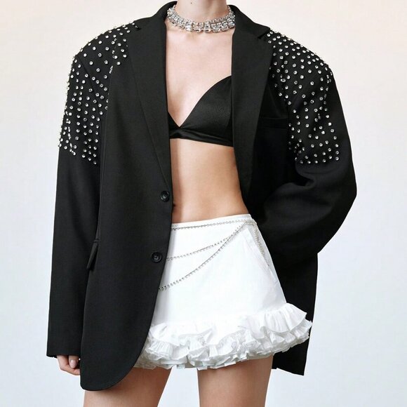 Black Elegant Formal Women's Oversized Rhinestone detailed Blazer - Picture 3 of 9